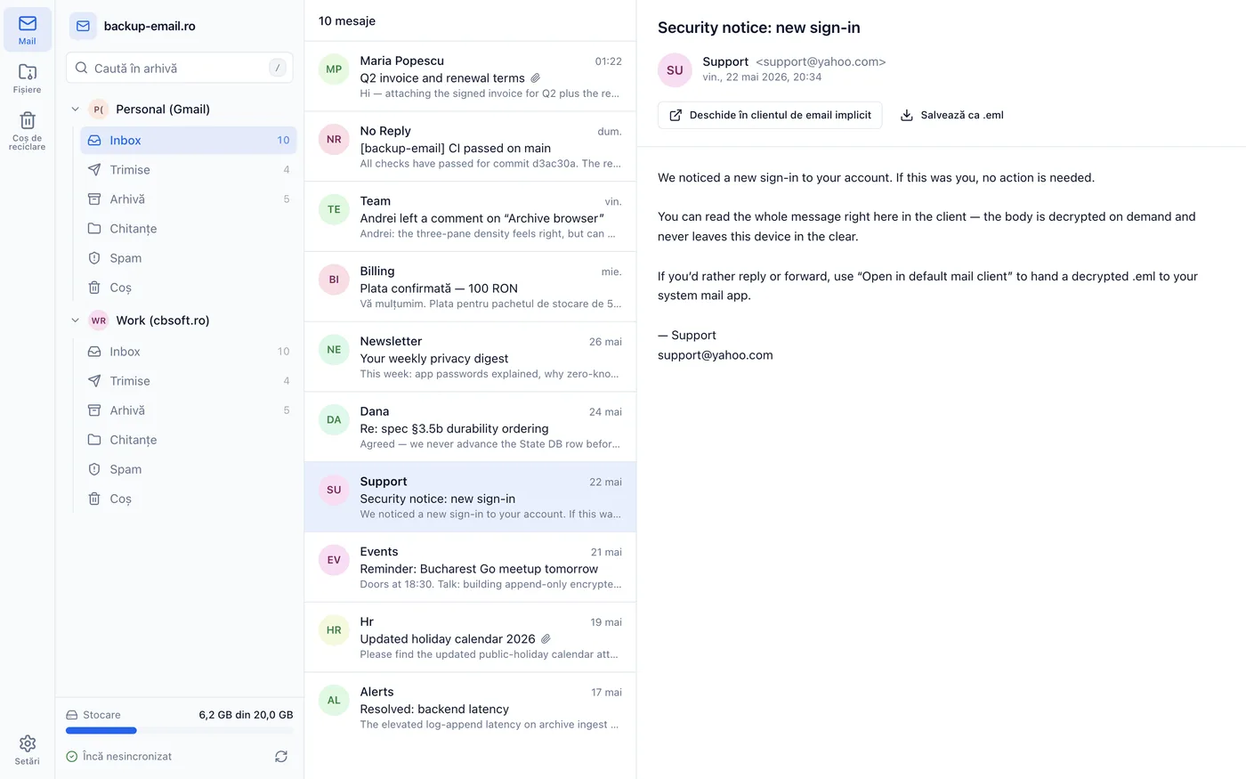BackupEmail: citirea unui mesaj