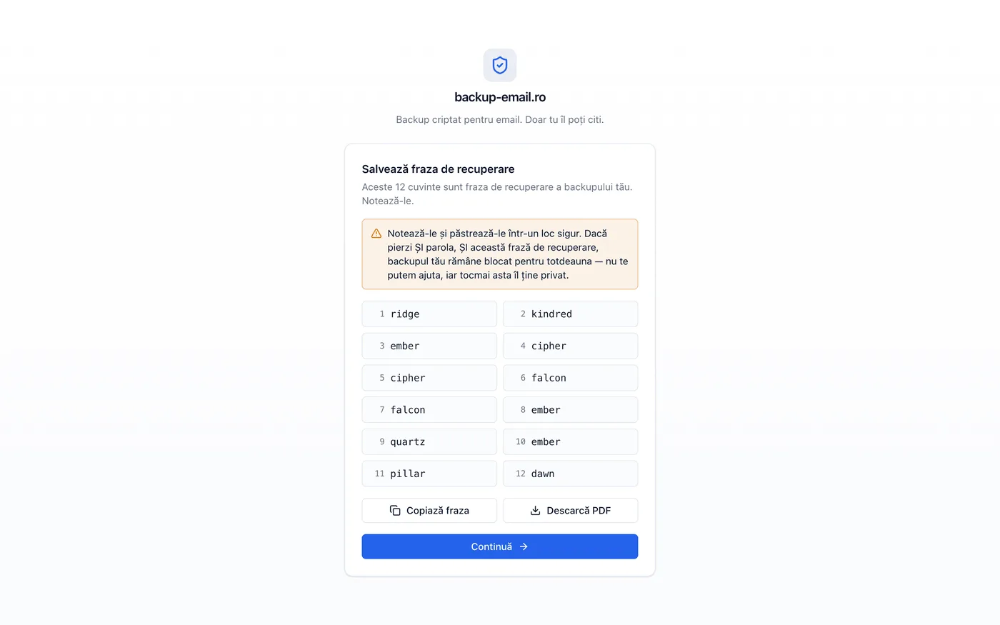 BackupEmail: fraza de recuperare