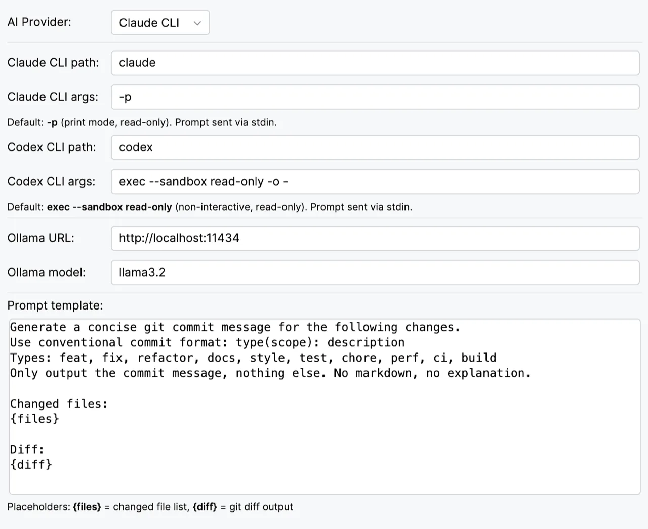 CLI Commit Messages: setările pluginului