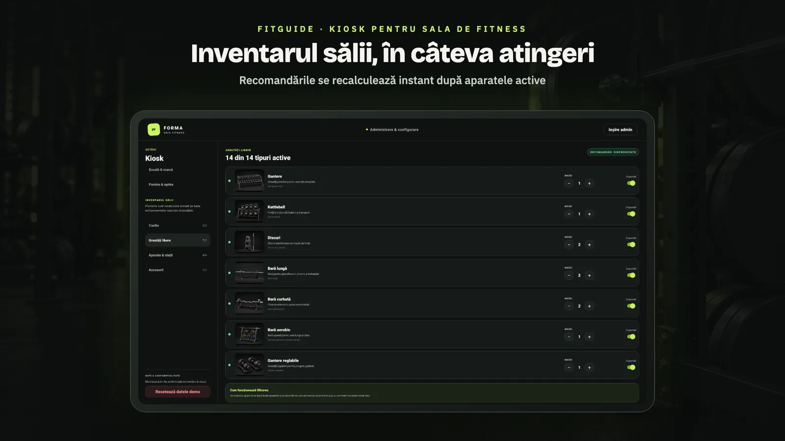 FitGuide: inventarul sălii
